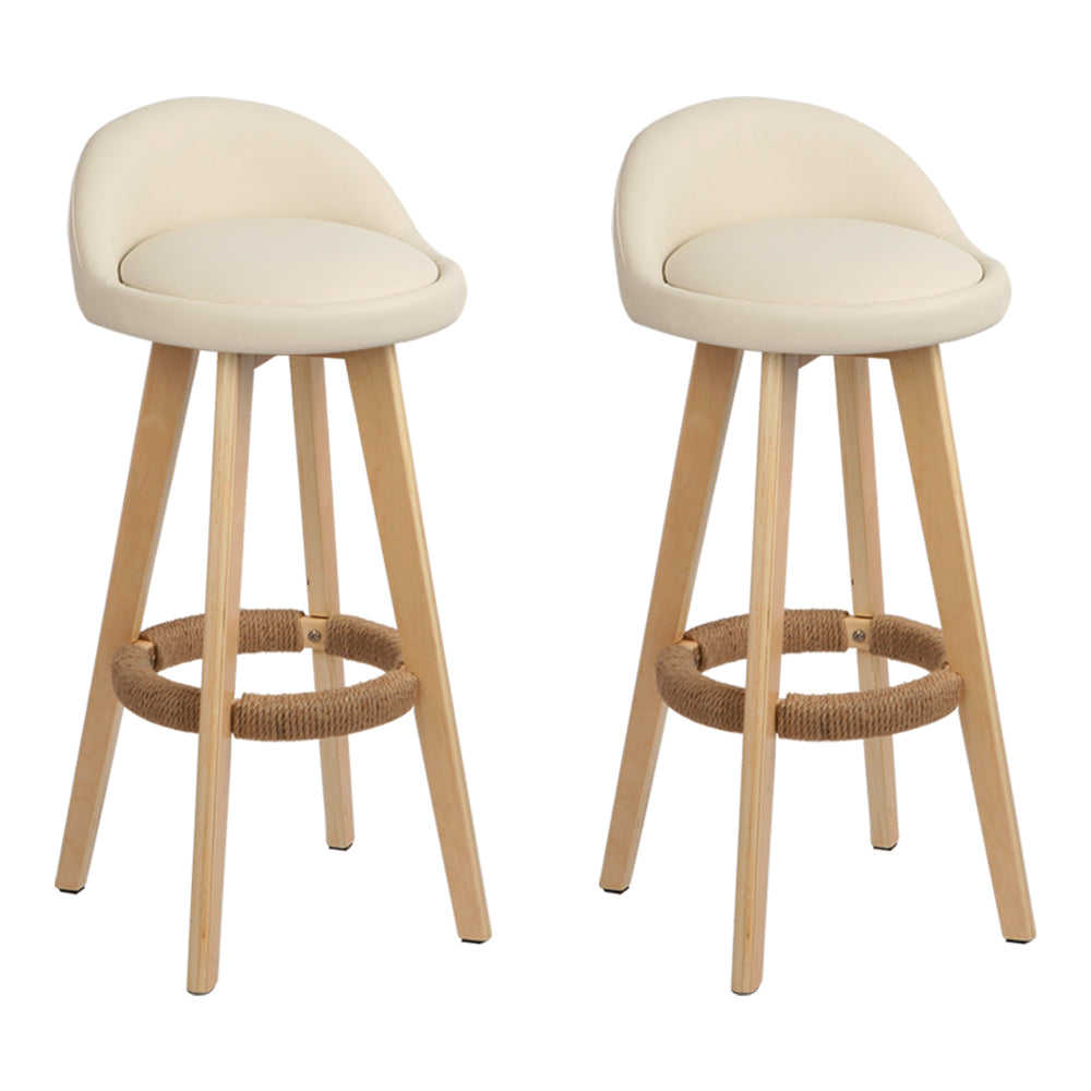 Artiss Set of 2 PU Leather Backrest Bar Stools in Beige with wooden frame and low backrest, showcasing comfort and style.